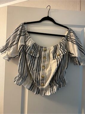 American Eagle Outfitters White and Blue Striped Off-Shoulder Peplum Button Top